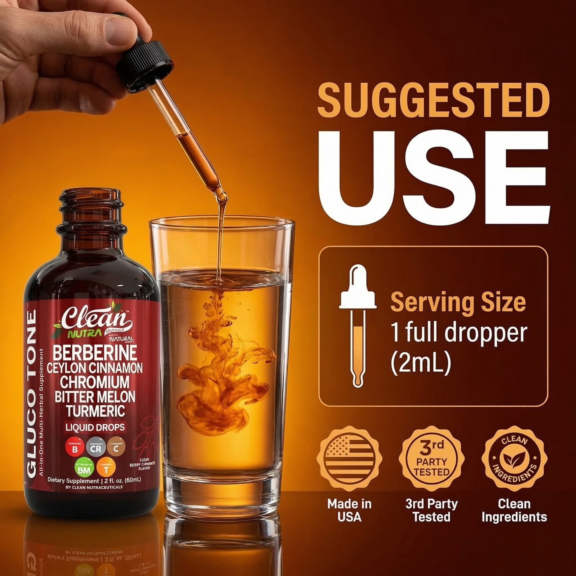 Berberine Liquid Drops with Ceylon Cinnamon, Bitter Melon, Gymnema, Chromium, Turmeric, Panax Ginseng - Blood Sugar Support* - Berry Cinnamon Flavor - 2 fl oz - Clean Nutra