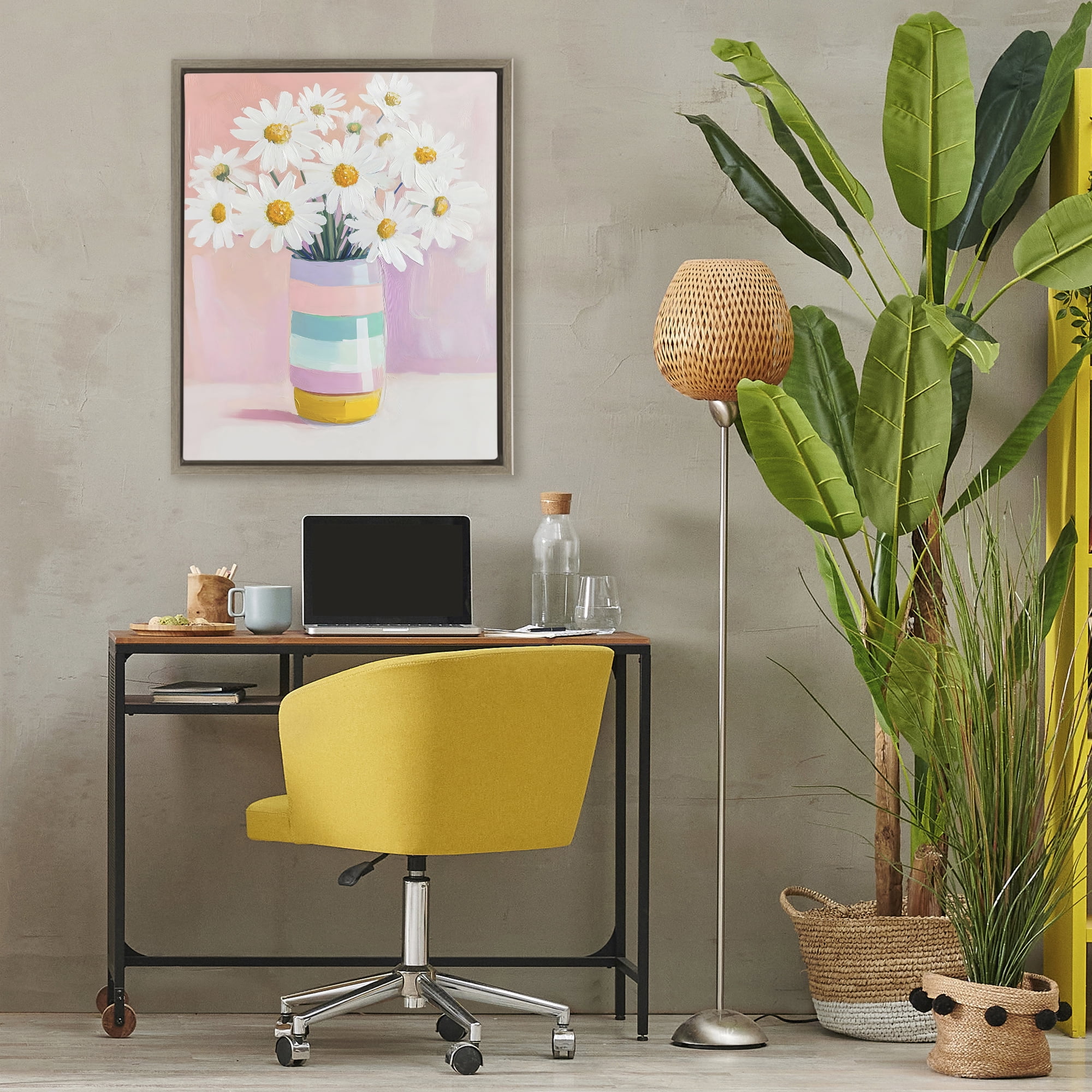 Stupell Industries Daisies in Striped Vase Brown Framed Floater Canvas Wall Art, design by The Prints Vibe