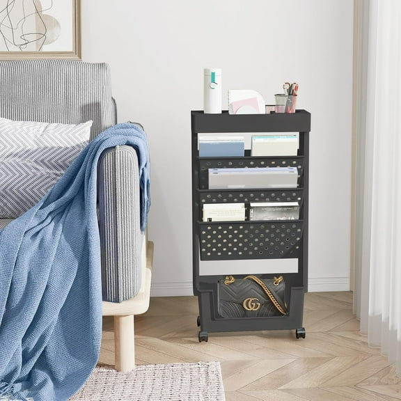 5 Tier Rolling Utility Cart with Lockable Casters for Study Office Kitchen Classroom - Black