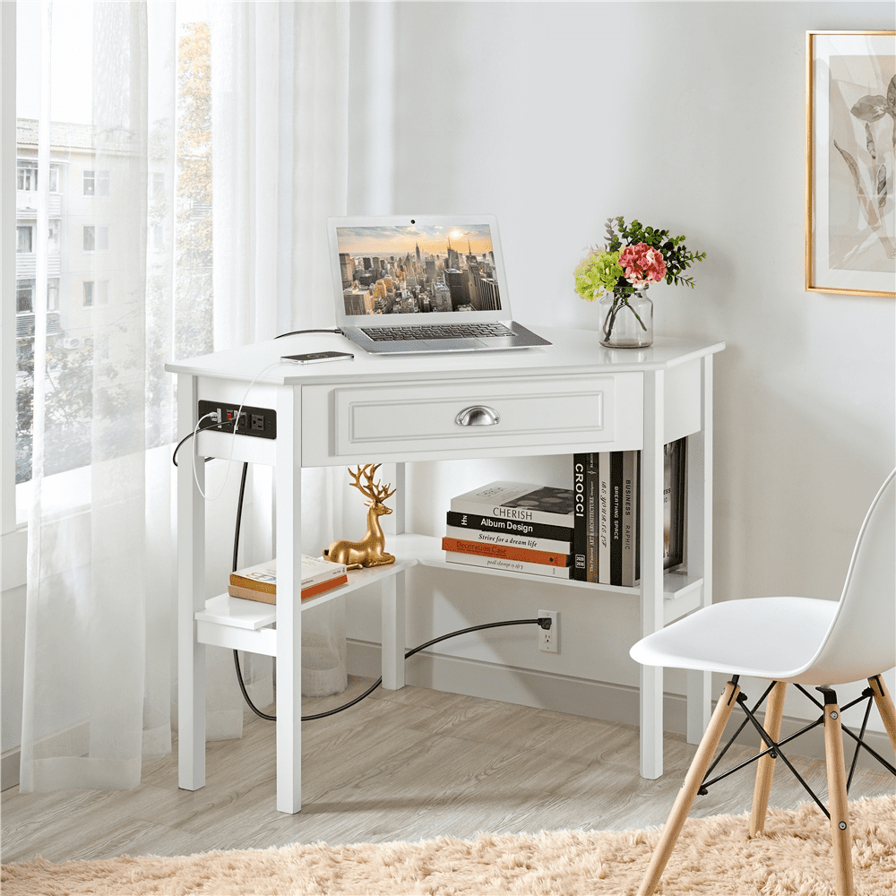 Yaheetech Corner Computer Desk Workstation with Power Outlet Storage Drawer, White