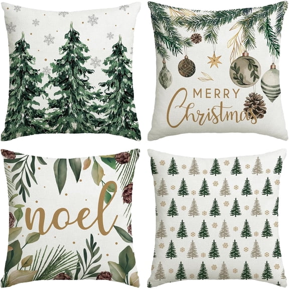 Christmas Pillow Covers 18x18 Inch Green Set of 4 Xmas Throw Tree Pillow Covers, Merry Christmas Winter Holiday Linen Decorations for Home Sofa Couch Bed Chair