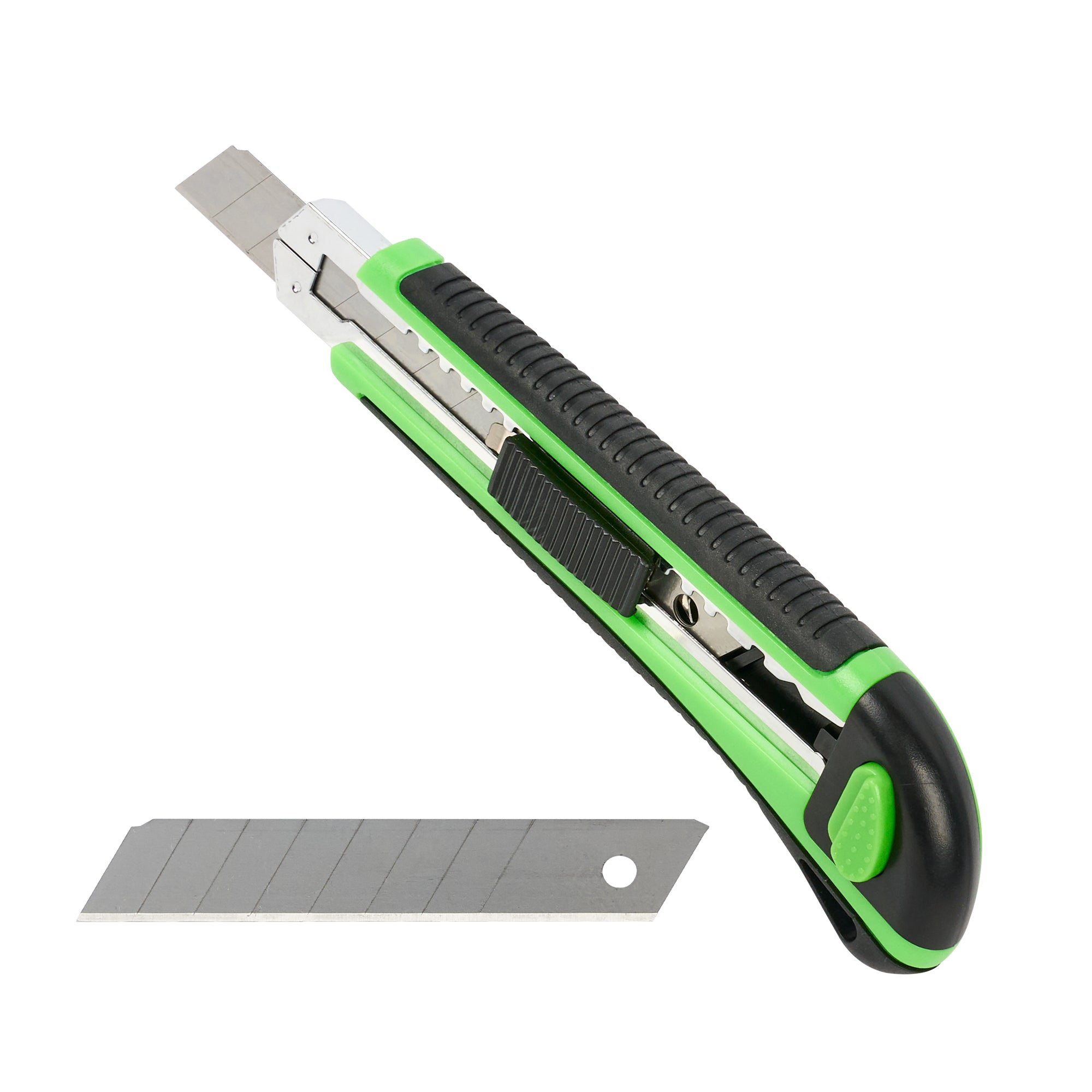 Restaurantware-Handy Tek 6.7 Inch Snap Off Blade Knives, 12 Retractable Box Cutters - Includes 36 Sharp Blades, 18mm Wide, Green Plastic Auto Loading Utility Knives, No-Slip Handle, Built-In Lock