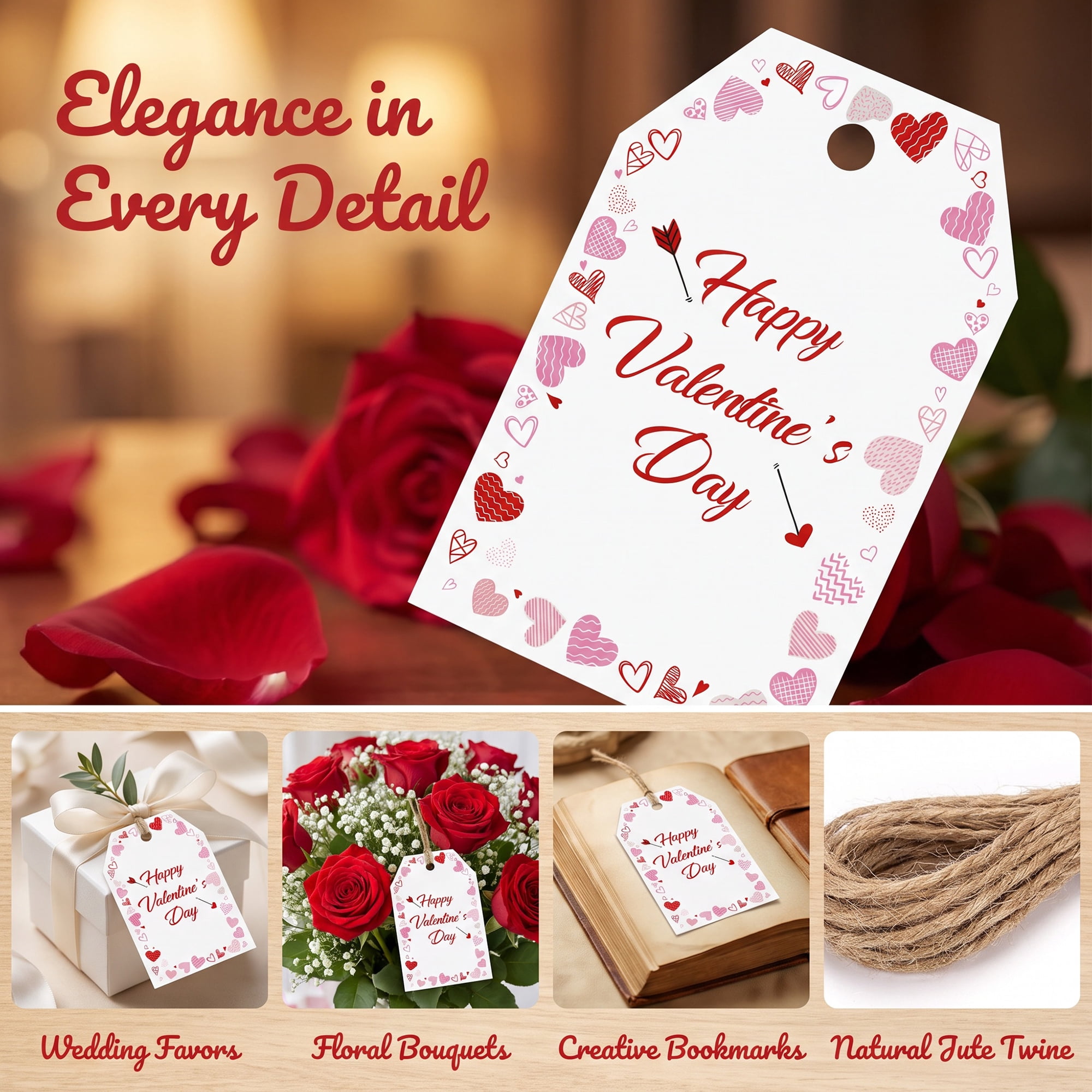 Unique Bargains Gift Tags with Twine for Present Wrapping and Crafting Heart Border 2" x 3.1"