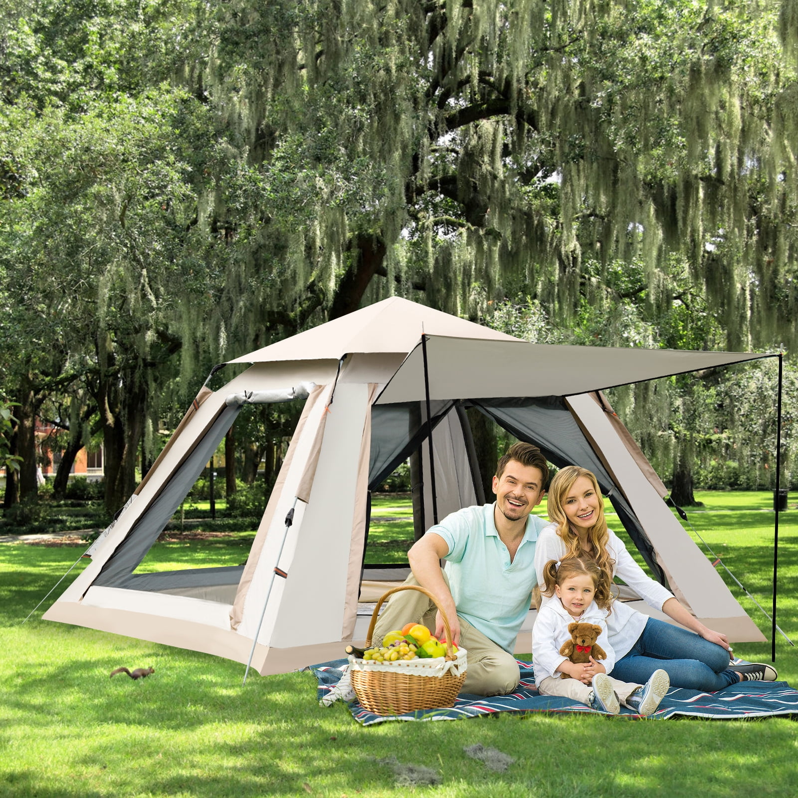 TOPCHANCES Outdoor Camping Tent for 3-4 Person, Automatic Pop-Up Tent, Waterproof & Windproof For Family Hiking, Car Trip - Beige