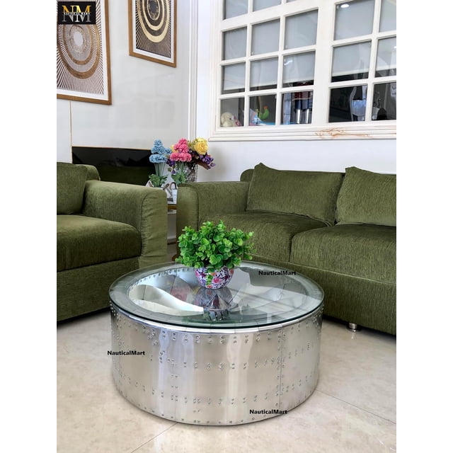 Nauticalmart Round Aviator Jet Engine Turbine Coffee Table Alumnium Furniture (33 Inches)