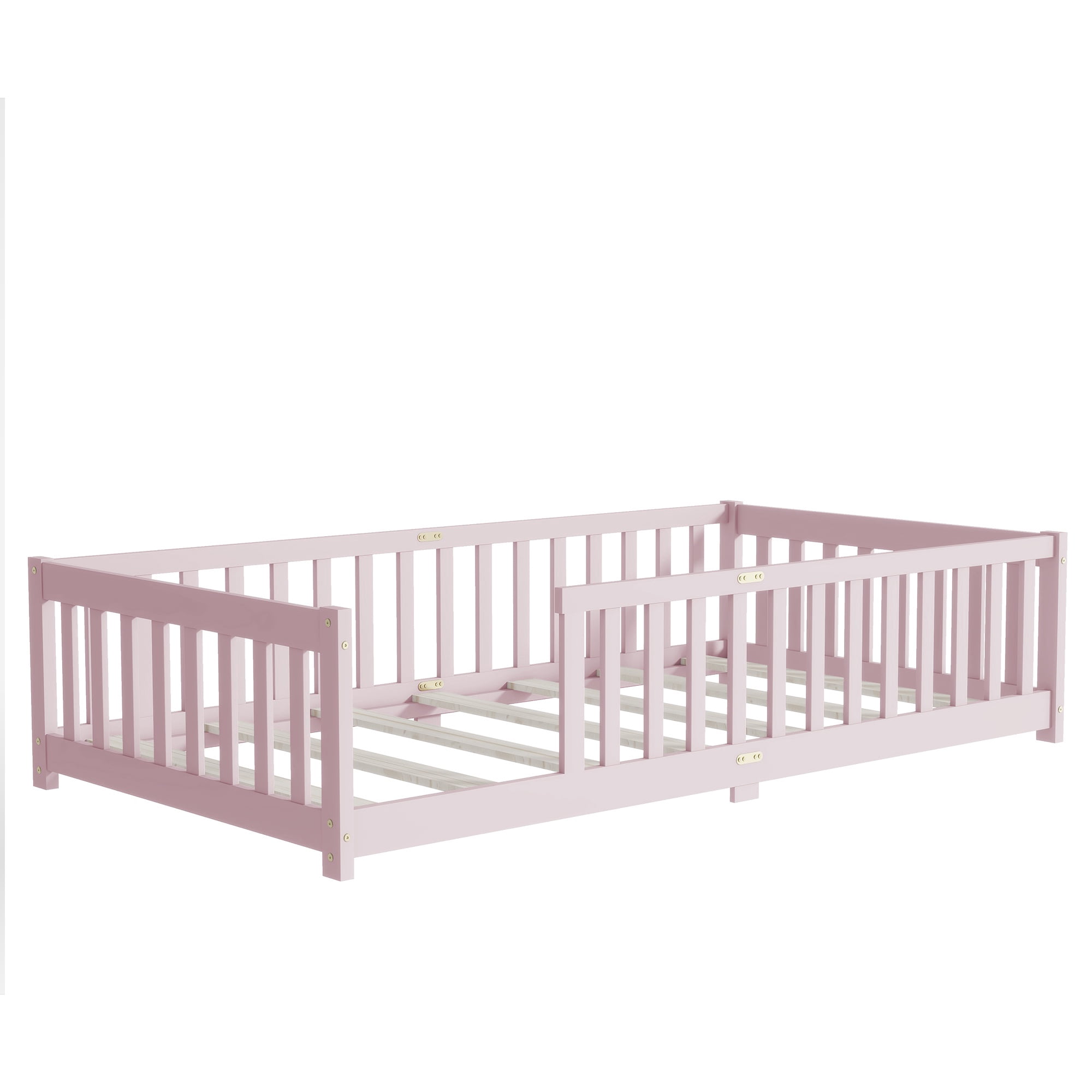 Twin Size Floor Bed with Fence, UHOMEPRO Montessori Floor Bed with Slats and Safety Guardrails, Solid Wood Twin Bed Frame for Bedroom, Pink