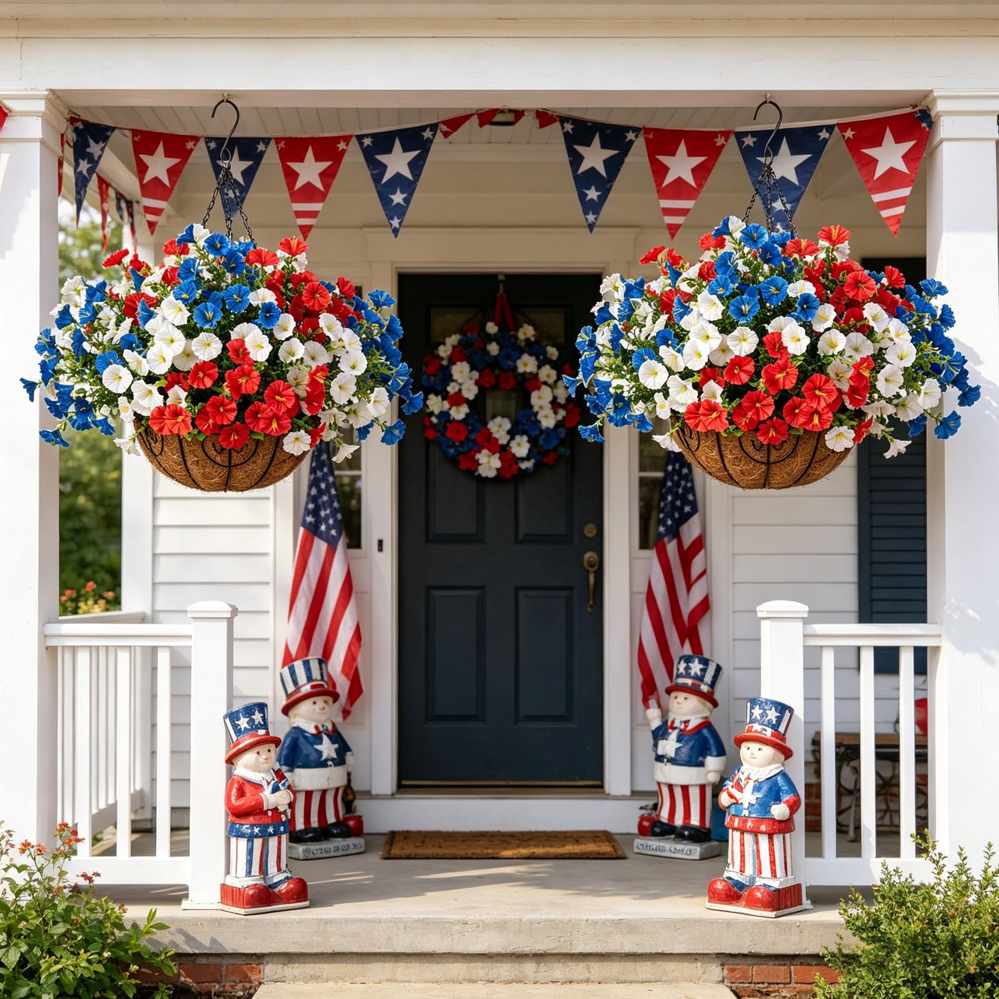 UV Resistant Artificial Flowers, Patriotic Red White Blue Faux Flowers, Outdoor Hanging Basket Decor for Porch Patio, Summer Decoration