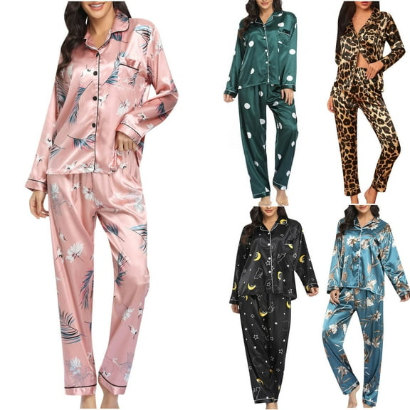 Elainilye Fashion Womens Pajama Sets Print Home Wear Two-Piece Suit Long Sleeve Pants Pajama Set Loungewear Sleepwear,Brown