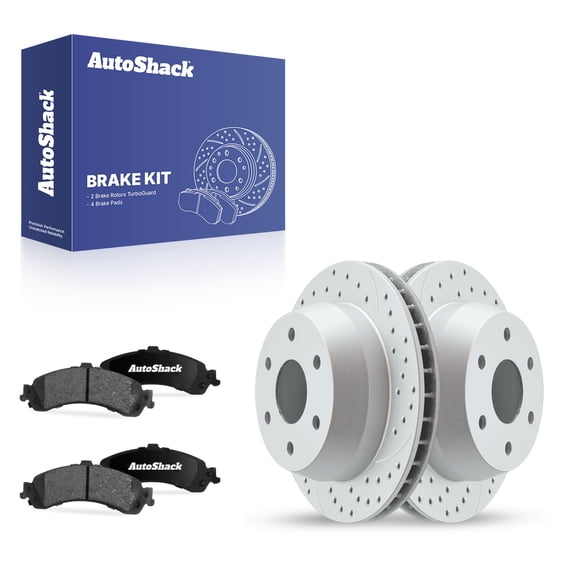 AutoShack Rear Vented Drilled & Slotted Coated Brake Rotors Silver Matte Finish   Ceramic Pads 6-PC Brake Kit Replacement for 2000-2006 GMC Yukon 2000-2006 Chevrolet Tahoe TurboGuard 12.99" (330 mm)