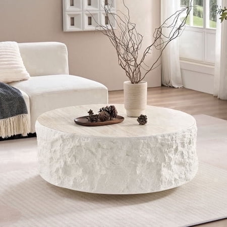 Bezzze 35.43" Round Coffee Table, Fiberglass Imitation Stone Top, Vintage Modern Table for Living Room, Office & Apartment