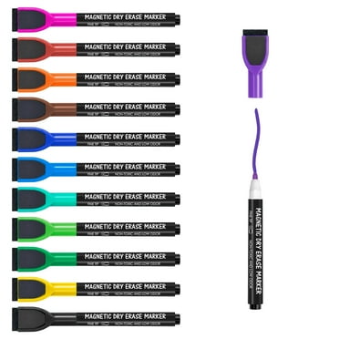 Maxtek Magnetic Dry Erase Markers with Eraser,Fine Tip,Assorted Colors,12 Count,1-2mm Fine Point Whiteboard Marker for Office Supplies,Calendar Boards