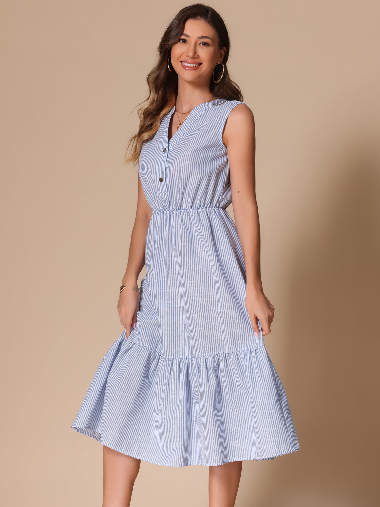 DARING DIVA Stylish Striped Midi V-Neck Sleeveless Dress S Blue