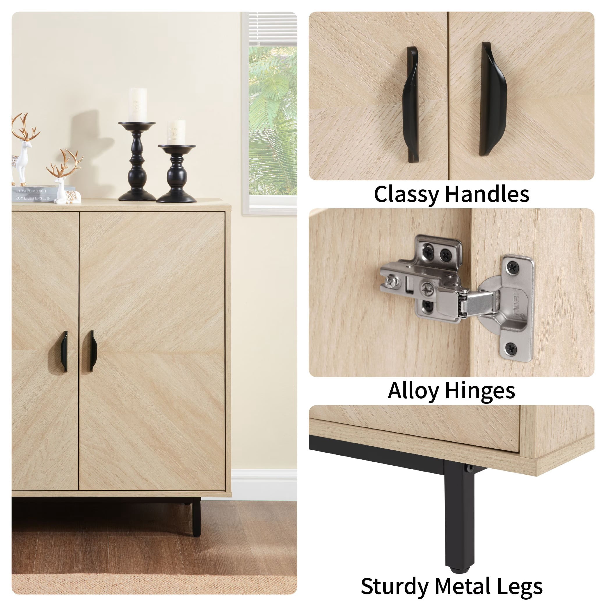 Modern Storage Cabinet with Doors, Wood Grain Accent Cabinet with Adjustable Shelf, Buffet Sideboard Cabinet for Living Room, Kitchen, Entryway, Bedroom, Yellow
