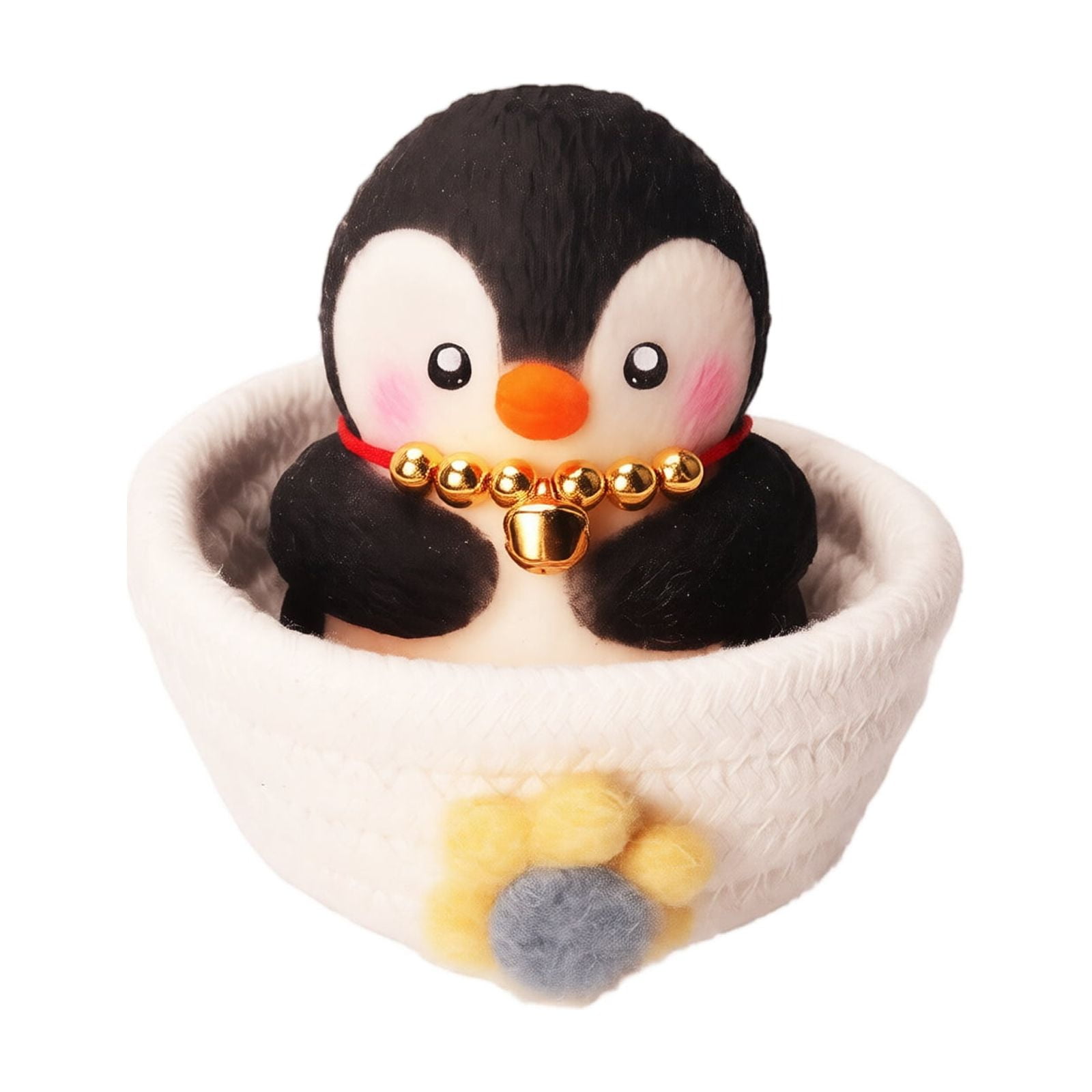 Penguin Squishy Toy with Plush Storage Basket and Bell Necklace 1 Pack White and Black for Relief Simulated Animal Toy