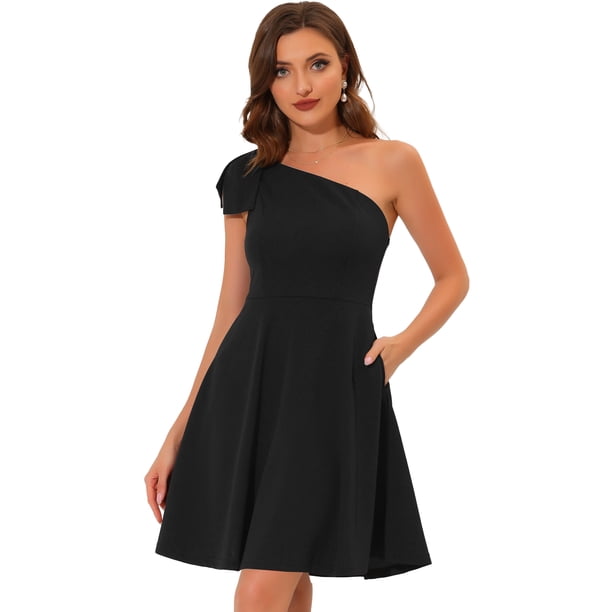 Vestido de fiesta oscilante de línea A con bolsillos y un hombro sin tirantes Allegra K Negro M