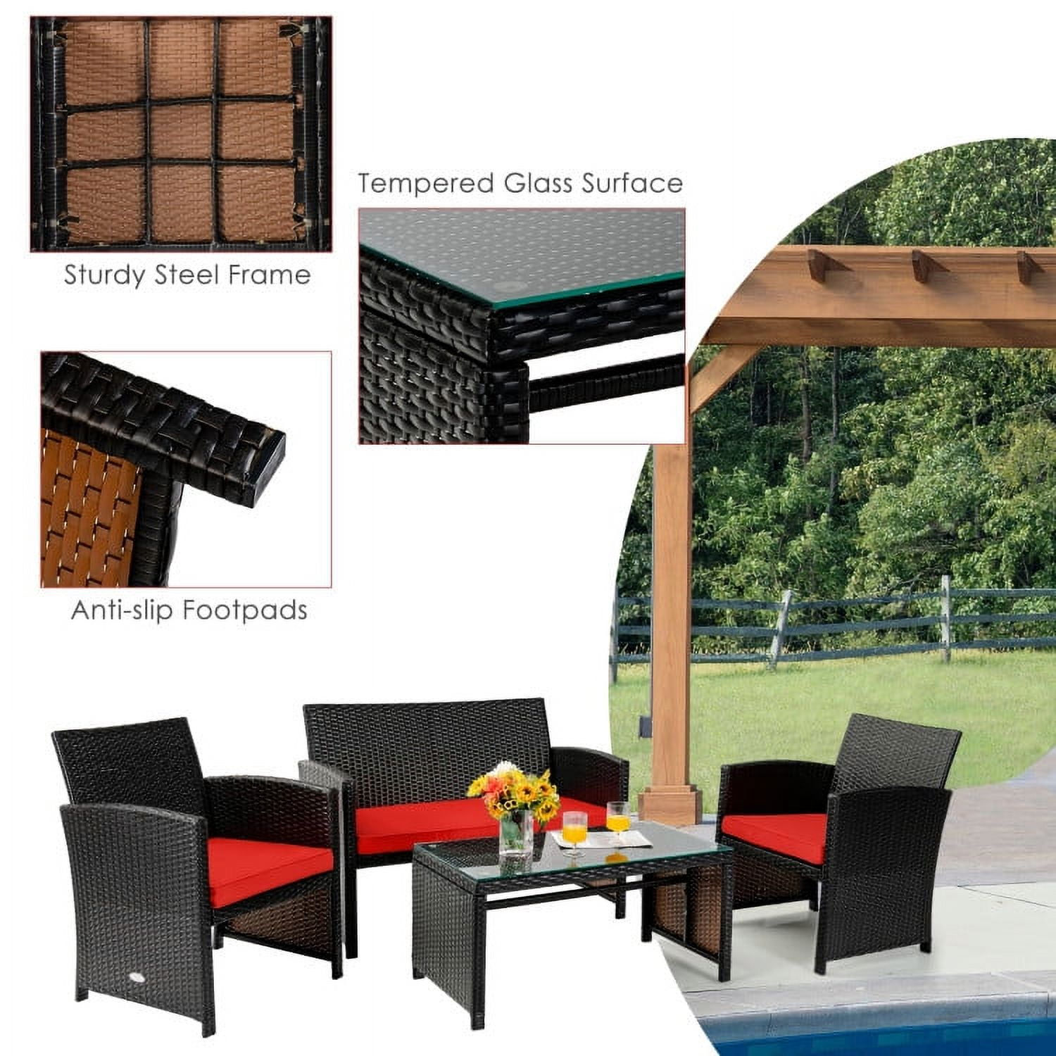 Aimee Lii 4 Pieces Wicker Patio Furniture Set, Coffee Table Cushioned Sofa, Modern Patio Furniture, Red Aimee Lii 4 Pieces Wicker Patio Furniture Set, Coffee Table Cushioned Sofa, Modern Patio Furniture, Red