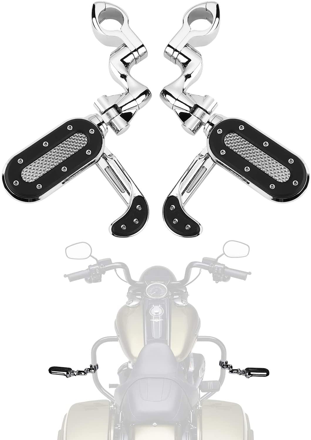 Motorcycle Highway Pegs Adjustable Foot Peg with Flip-out Heel Rests for Road Glide Street Glide Sportster Road King Electra Glide with 1.25 Engine Guard 1 1/4 Highway Bar Chrome 