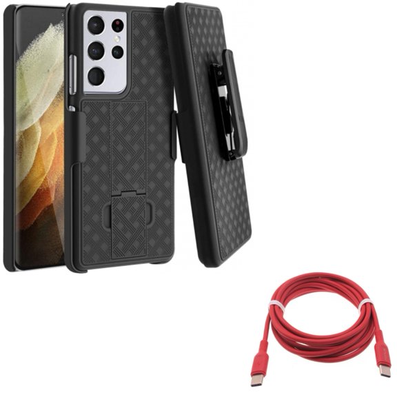 Red 6ft Long Cable w Case Belt Clip for Samsung Galaxy S21 Ultra - USB-C to Type-C PD Fast Charger Cord, Holster Swivel Cover