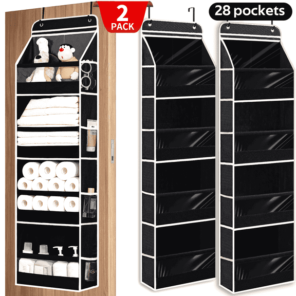 VOZOGO 2 Pack Over the Door Organizer 28 Pockets,Extra Large Behind Door Storage of 4 Tier,Over the Door Storage,Door Hanging Organizer for Closet,Diaper Organizer,Toy Storage,Black