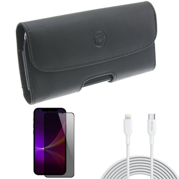 Privacy Screen Protector & Case Belt Clip & 6ft PD Cable for iPhone 13 Pro Max ONLY - Tempered Glass Curved Anti-Spy   Leather Holster Cover   USB-C Fast Charger Long Combo