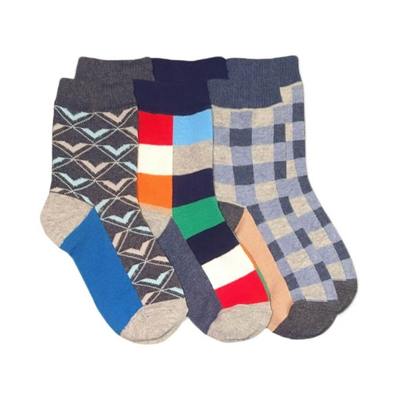 Jefferies Socks Boys Plaid Diamond Gingham Color Block Pattern Dress Crew Socks 3 Pair Pack
