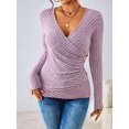 thumbnail image 4 of Women'S Long Sleeve Shirt V Neck Ribbed Knit Slim Button Sweater Autumn Casual Work Tops Pale Pinkish Grey S, 4 of 7