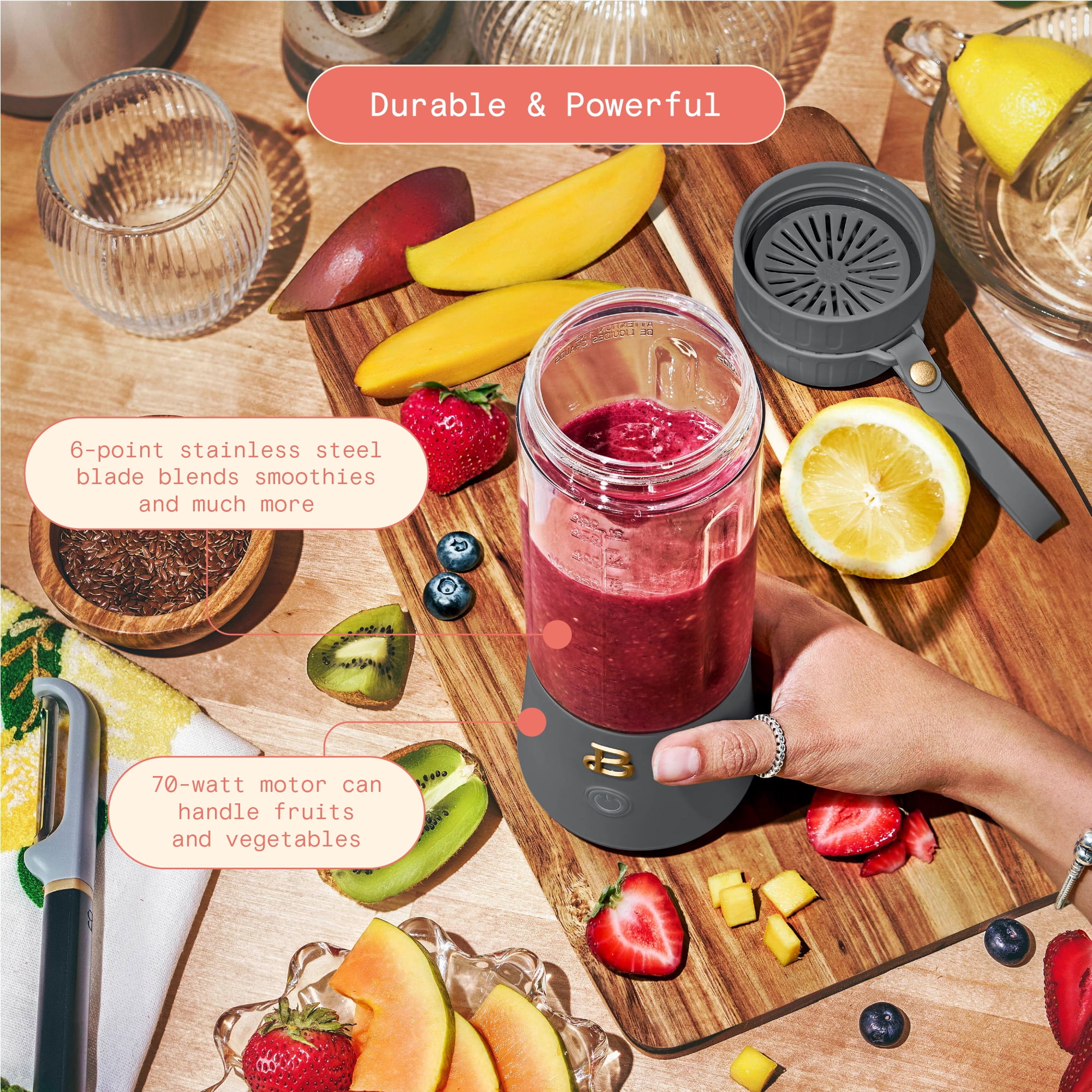 Beautiful Portable to-Go Blender 2.0, 70 W, 16 oz, Oyster Grey by Drew Barrymore