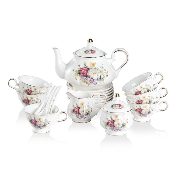 Sweejar Porcelain Tea Set Vintage Floral, British Relief Gold Rim Teapot Cup and Saucer Sets, 22-Piece Tea Sets for Adults, with Teapot, Su