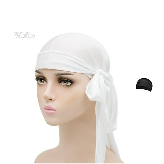 1 Pcs Silky Durags Set Includes 1 Satin Durag for Men Women Long Tail Headwraps with 1 Elastic Wave Cap