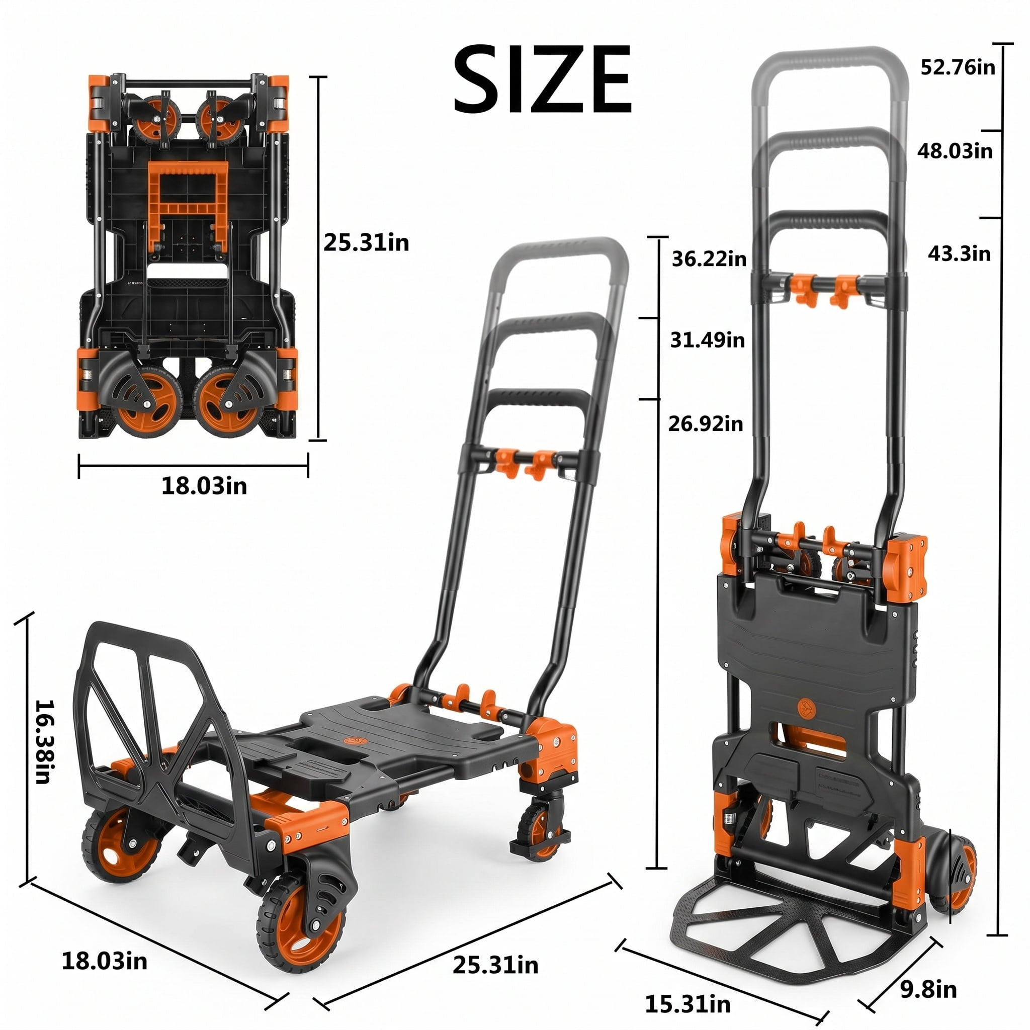 Adnoom 2-in-1 Folding Hand Truck Heavy Duty, 300 lbs Capacity Utility Cart with 4 Wheels, Retractable Handle Convertible Platform Dolly for Moving Boxes Furniture Luggage, Orange