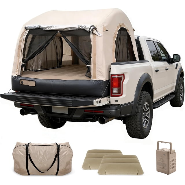 Inflatable Truck Bed Tent with Mattress, Waterproof PU2000mm with Electric Air Pump Pickup Truck Tent, Fits 5.5-6.7FT Full Size Short Bed, All-in-One Quick Setup Truck Tent for Camping