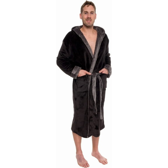 Mens Hooded Two Tone Plush Kimono Bathrobe Robe
