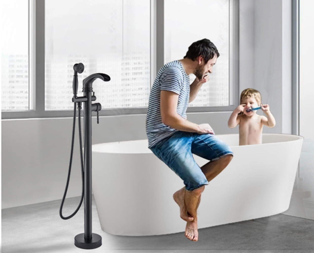 Black Floor Mount Freestanding Bathtub Shower Faucet Waterfall Tub Filler Mixer Mixer