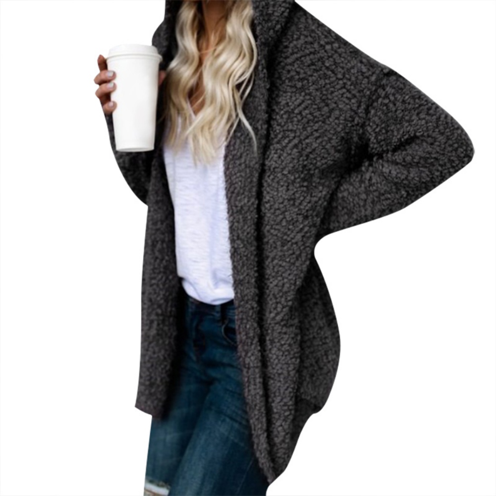 Women Hooded Coat Faux Fur Zipper Coat Women Oversize Fleece Soft Jacket Thick Long Sleeve Plush Jackets Dark Gray L - image 3 of 8