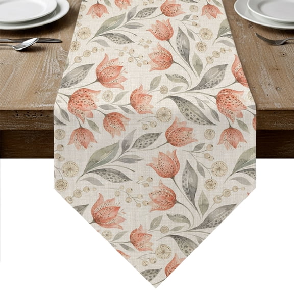 Peach Floral Table Runner Linen Burlap Table Runner 36 Inches Small Farmhouse Botanical Garden Flowers Dresser Scarves for Kitchen Island Coffee Dining Room Party Wedding Holiday Decor 13"x36"