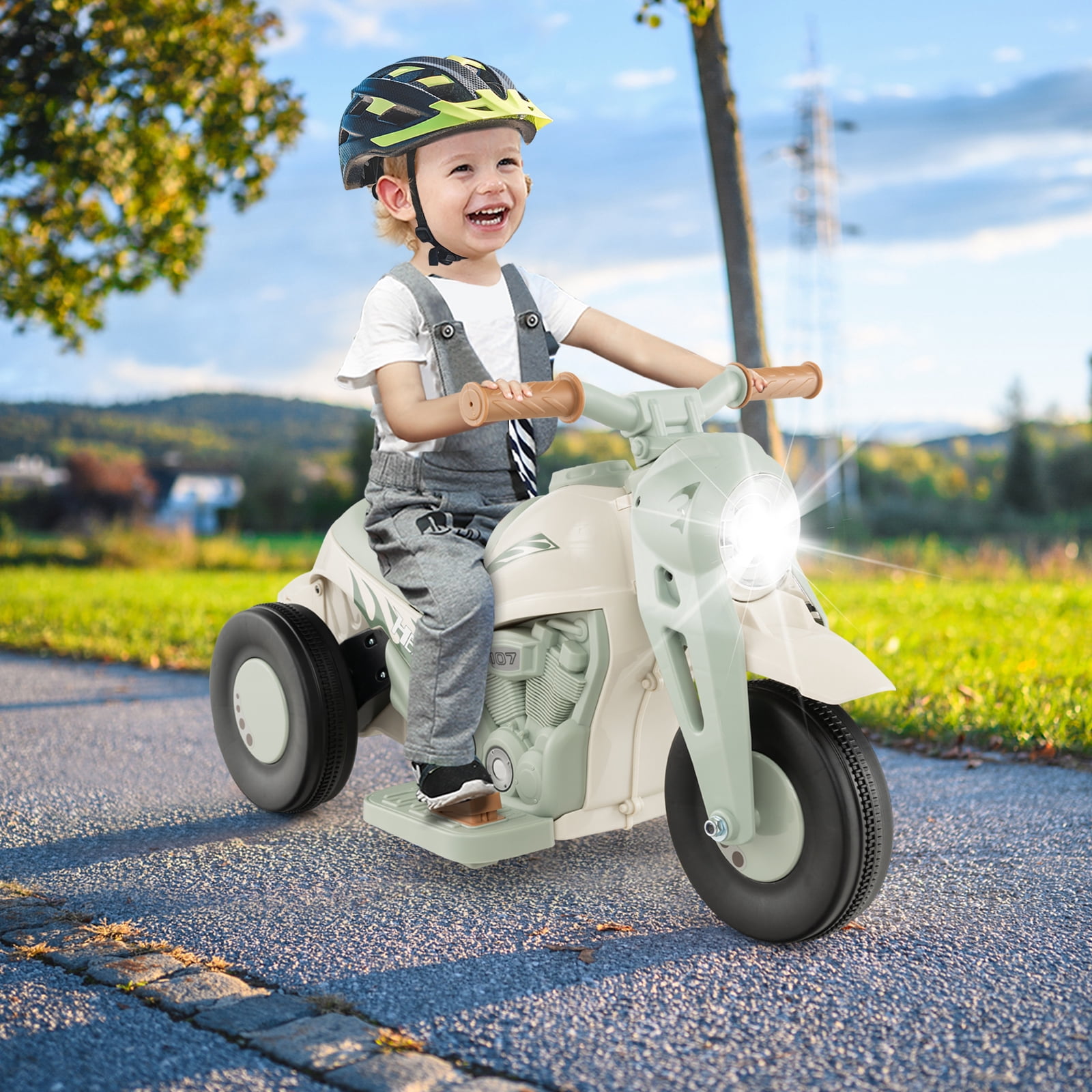 Costway 6V Kids Bubble Car Electric Ride on Motorcycle with Music Button & LED Headlight Beige