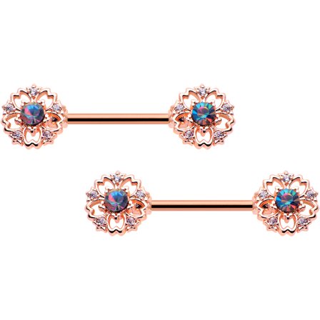 Body Candy 14G Womens Nipplerings Piercing Surgical Steel Rosy Filigree Flower Nipple Ring Set 9/16"