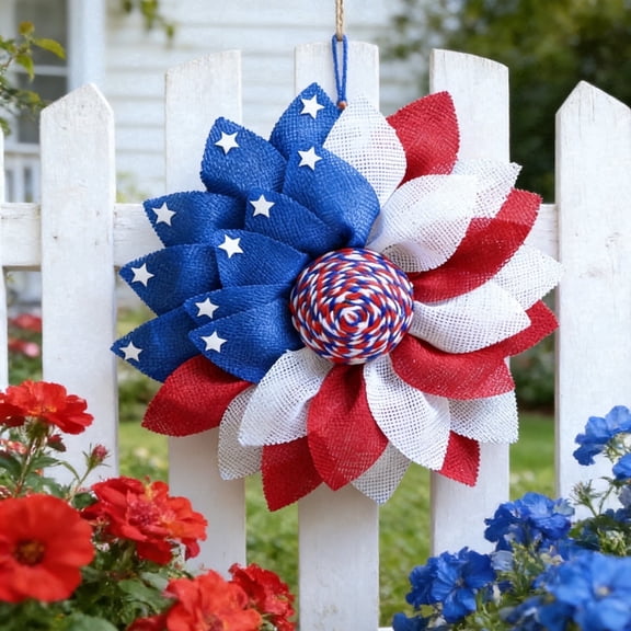 AZXY 15.7 Inch Patriotic Wreath, Red White Blue Sunflower Burlap Wreath with Star Accents, Rustic Americana Decor