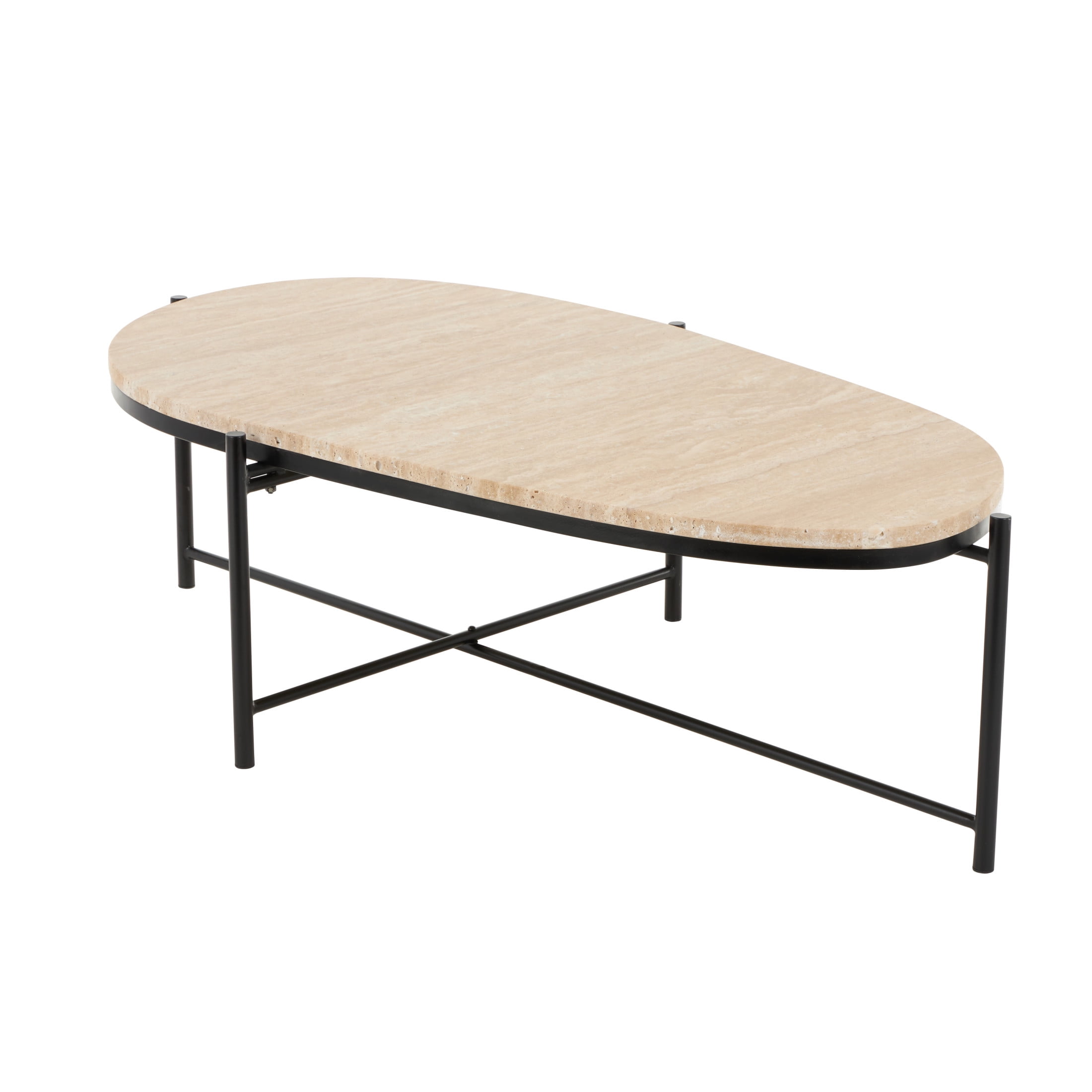 DecMode 45" x 13" Beige Marble Oval Coffee Table with Black Metal Support, 1-Piece
