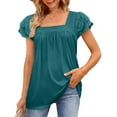 thumbnail image 4 of HAPIMO Women's Fashion Shirts Short Sleeve Tees Double-Layer Lace Clothes for Girls Square Neck T-shirt Ruffle Pleat Blouses Solid Color Print Tops Blue XXL, 4 of 8