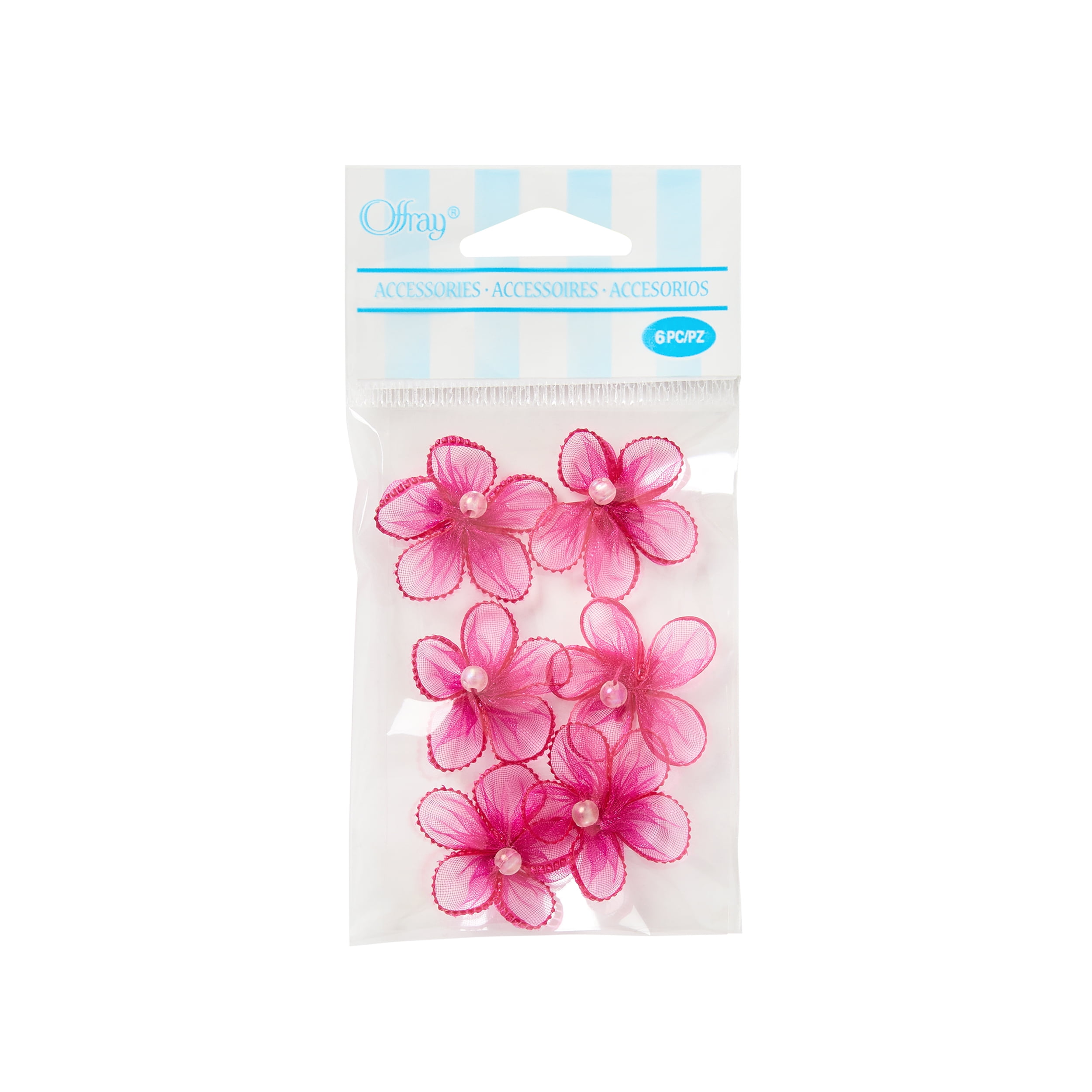 Offray Accessories, Hot Pink 3/4 inch 5 Petal Sheer Flower with Pearl Accessory for Wedding, Hair Clips, and Scrapbooking, 6 count, 1 Package