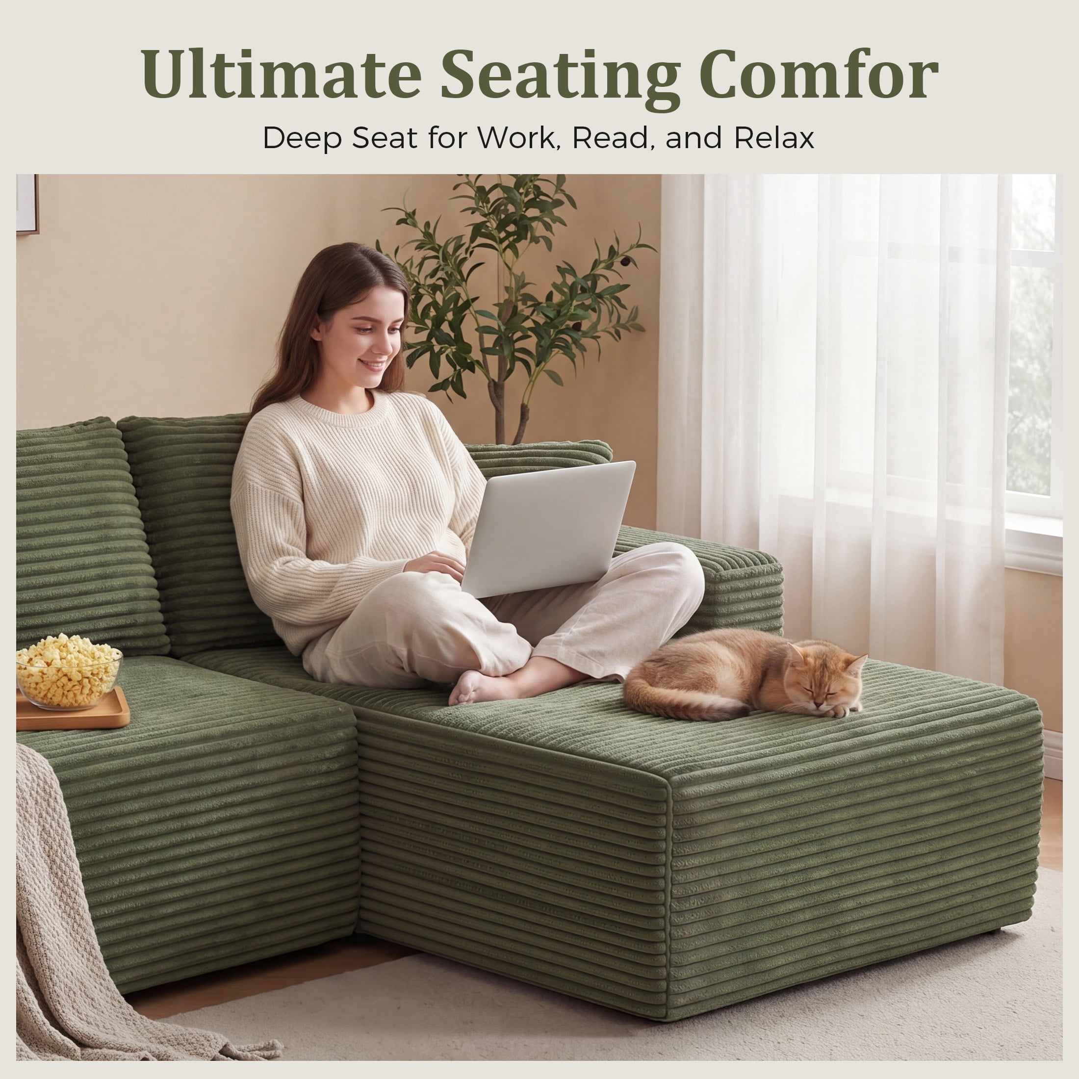 Aenkyo 95 Inch Corduroy L-Shaped Modular Sectional Sofa, Right Chaise, Green