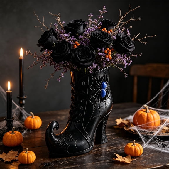 Gothic Halloween Vase, Black Witch Boot Vase, Halloween Table Centerpiece Decorative Vase for Artificial Floral Arrangement Mantel Entryway Decor