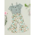 thumbnail image 3 of Suealasg 2Pcs Toddler Kids Girl Summer Clothes 1T 2T 3T 4T 5T Short Sleeve Cold Shoulder Ribbed Tops +Flower Print Flare Pants Little Girl Casual Outfits, 3 of 7