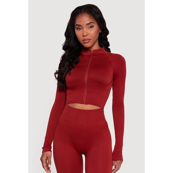 Women's Ribbed Cropped Zip Front Active Jacket