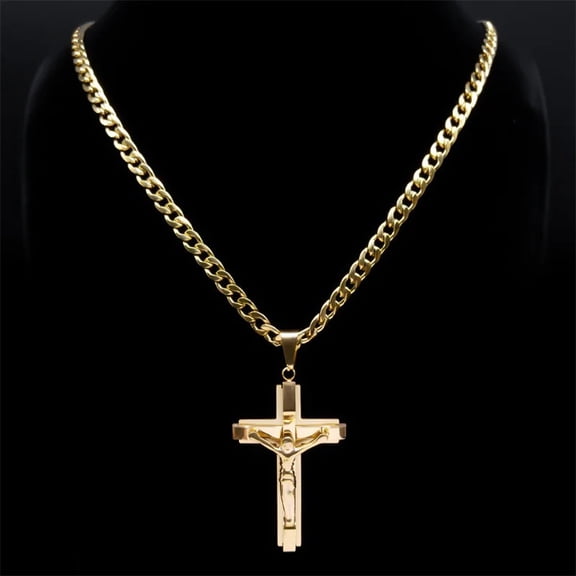 Fashion Personality Crucifix Cross Religious Pendant Necklace for Men 14K Yellow Gold Cross Necklace Jewelry