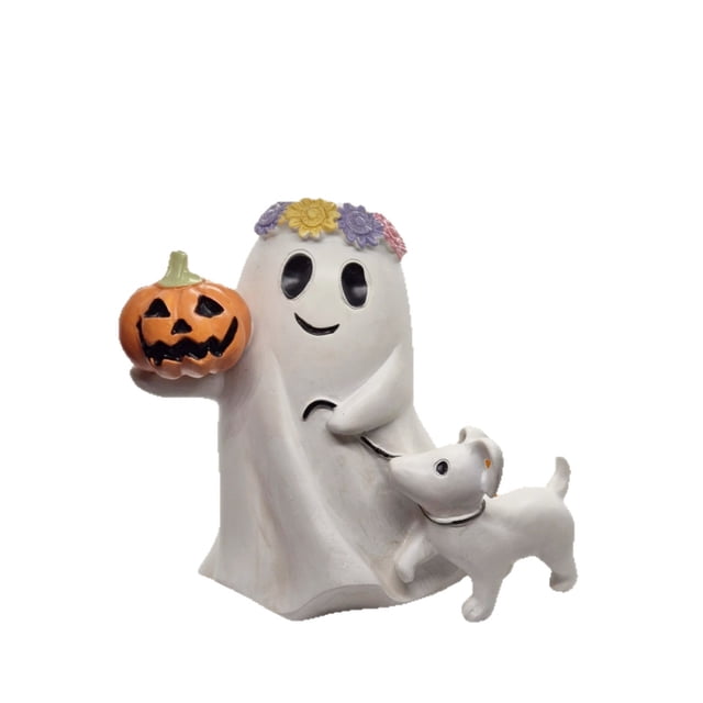 Estatua de fantasma para decoración de jardín con perro, resina, 16 cm