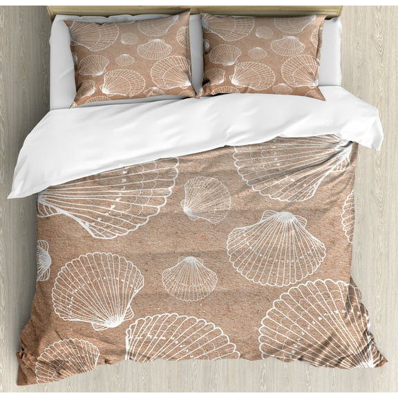 Seashell Duvet Cover Set Queen Size, Nautical Composition with Outline Style Shells Hand Drawn Motifs on Beach, Decorative 3 Piece Bedding Set with 2 Pillow Shams, Pale Brown White, by Ambesonne