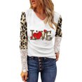 thumbnail image 1 of CEHVOM Femmes Décontracté Saint-Valentin Imprimé Léopard Patchwork Col Rond Dentelle Manches Longues Chandail Blouse T-shirt Hauts, 1 of 6