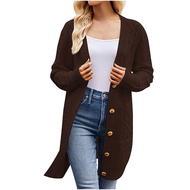 Yuyuzo Womens Long Cardigans Chunky Cable Knit Sweaters Button down Open Front Outerwear with Pockets